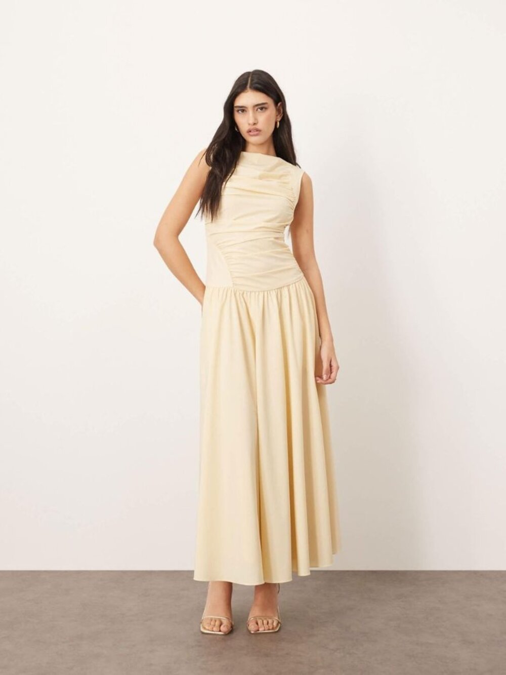 ARRANGE poplin ruched detail drop waist midi dress in buttermilk Size 12